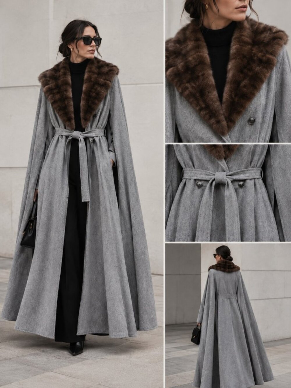 Gray Wool Cape Coat Genuine Mink Fur Collar Belted Maxi Women S/M Old Money